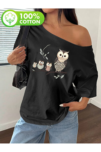 OVER HEAD Tricou pentru femei, 100% bumbac, cu imprimeu Owl Family, cu gâtul ...