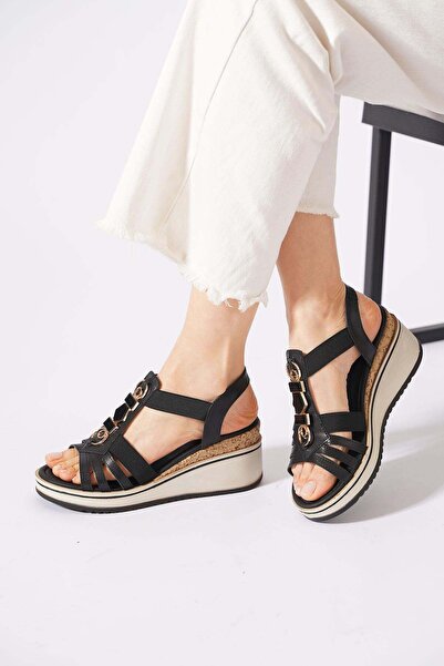 Moda Pie Derlas Front Buckle Elastic Thick Sole Women's Sandals Black Skin