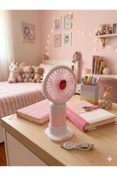 Premium Ticaret Çilek Tasarımlı Taşınabilir Mini Fan – Şarj Edilebilir, Masaü...