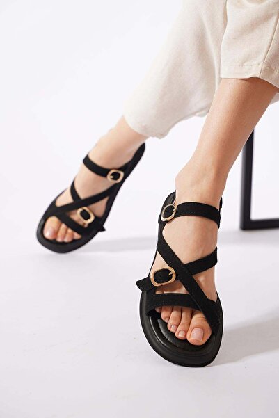 Moda Pie Yokas black suede women's sandal with double buckle cross strap