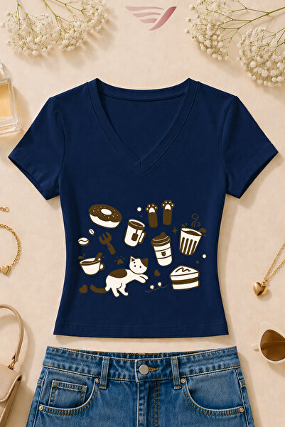 Velostra Women's Cat Coffee Sweet Printed Basic Daily Use V-Neck Slim Fit Lyc...