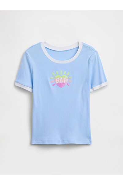 GAP Kız Çocuk Açık Mavi Ringer Grafik Baskılı T-Shirt