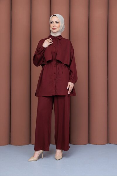 PAVENTİ Windbreaker and Waist-Tied Trouser Suit in Burgundy