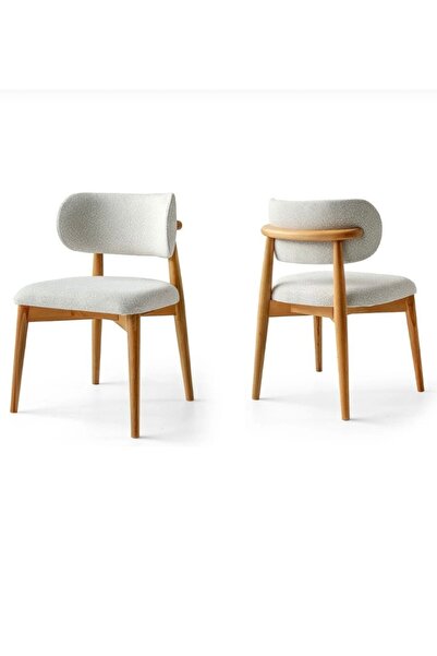 BARANOVA Modern Ahşap 2’li Yemek Sandalyesi Krem Boucle Kumaş Döşemeli Ergono...