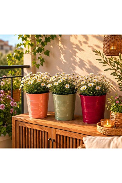 NATURELMETAL GALVANİZ METAL BALKON BAHÇE SAKSI ÜÇLÜ SET KARIŞIK RENK