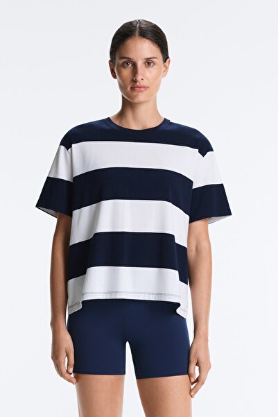 Oysho Maxi çizgili boxy pamuklu karışımlı t-shirt
