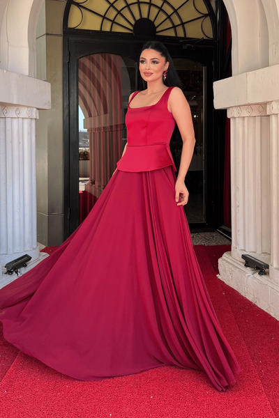 giyimmasalı Üst Saten Alt Sifon Tasarım Elbise - BORDO