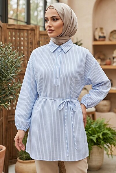 TOFİSA Çizgili Bağcıklı Düğmeli Tunik Bebe Mavi - 1332-BEBE-MAVI