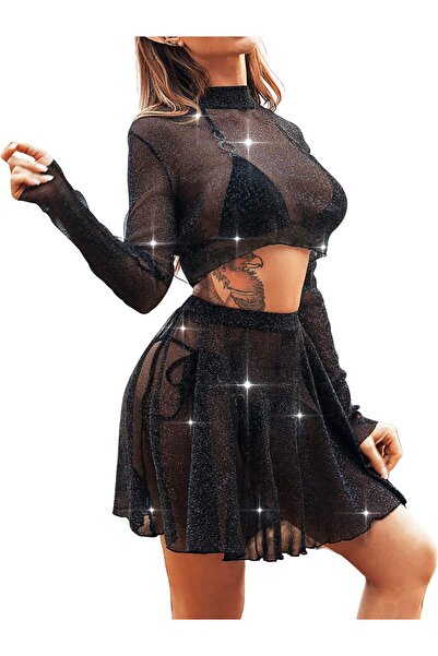 OEM Glitter Festival Outfit Women Black Top and Skirt Two-Piece Party Outfit ...
