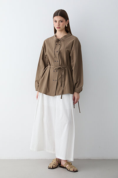 JASTE Women's Khaki Gathered Collar Belted Shirt