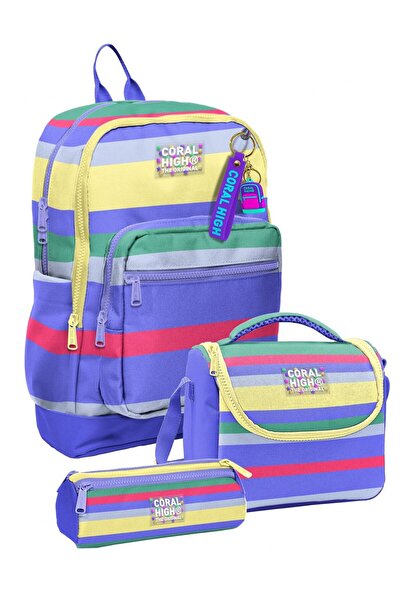 Coral High Girl's Colorful Line Patterned Triple Primary School School Bag Se...