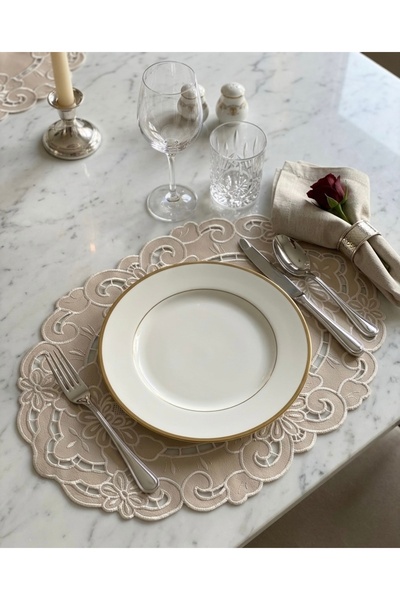 Denef Home Deri Delik İşi Oval Antika Amerikan Servis Bej 35x50 cm 1 Adet