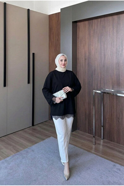 Asya Karen Dantel Detaylı Geniş Kol Bluz