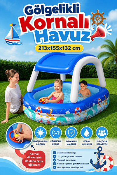 craftivio Gölgelikli Kornalı Şişme Çocuk Havuzu Gemi Temalı 213x155x132 cm