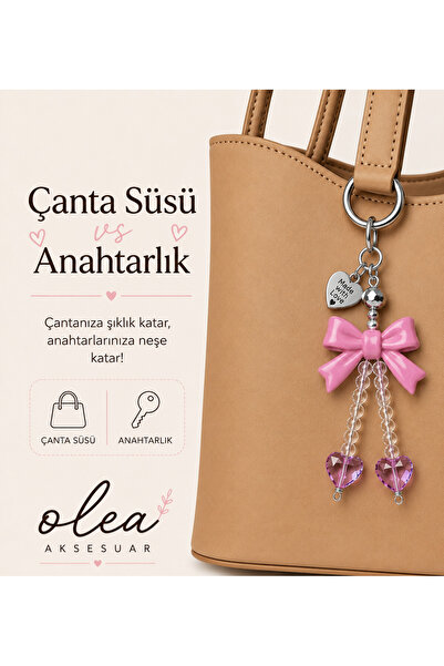 OLEA AKSESUAR Pink Bow Heart Stone Bag Ornament and Keychain, and Phone Charm