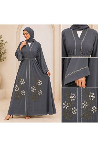 Generic Elegant Gray Floral Embroidered Abaya for Women – Premium Flowing Modest Wear