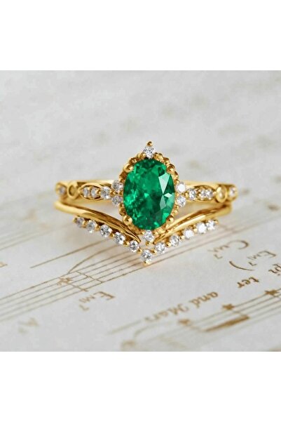 passion silver İkili Prenses Zümrüt Taşlı Yüzük Pırlanta Modeli 14k Gold Kapl...