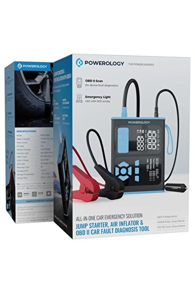 Powerology جهاز تشغيل السيارة ومضخة هواء وأداة تشخيص أعطال السيارة OBD II بال...