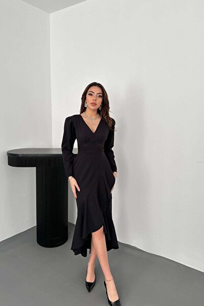 Caddebostan Moda V-Neck Flounce Long Sleeve Midi Atlas Dress