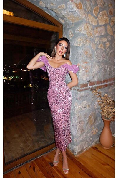 Caddebostan Moda فستان سهرة متوسط الطول مزين بالترتر والتفاصيل المكشكشة