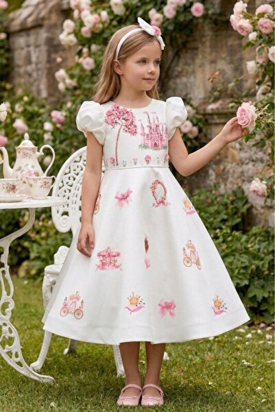 Pamina Girl's Evening Dress Princess Castle Patterned Ecru Dress and Headband...