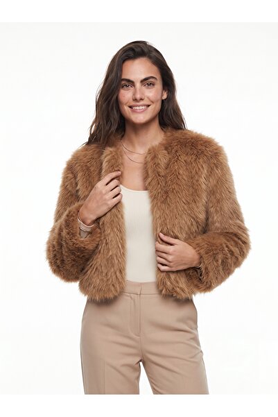 ONLOOX Tan Polyester Fabric Faux Fur Lined Long Sleeve Relaxed Fit Soft Textu...