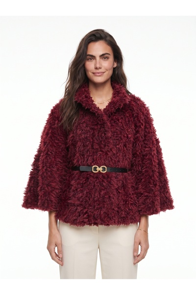 ONLOOX Burgundy Soft Textured Polyester Fabric Plush Poncho with Belt Detail