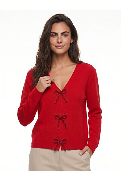 ONLOOX Red Knitwear Textured V-Neck Long Sleeve Cardigan with Pearl and Bow A...