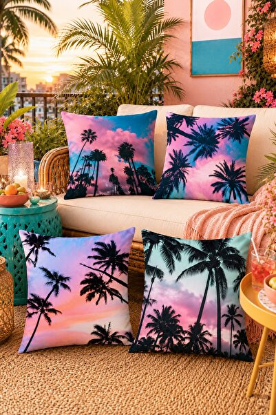 EVPANYA Set de 4 huse de pernă cu model Sunset Palms