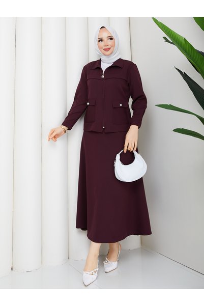 MİHRİZAR Women's Pocket Detailed Zippered Jacket and Skirt Islamic Clothing Two-Piece Set