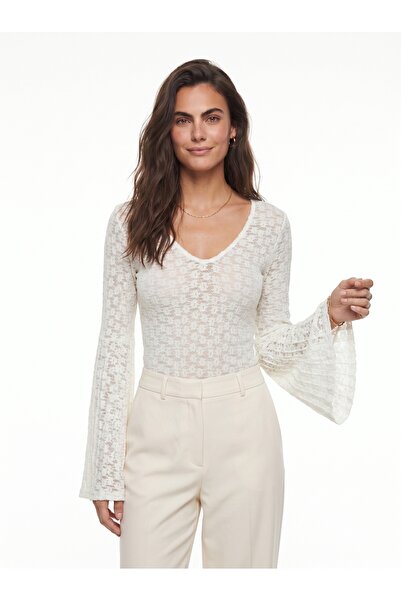 ONLOOX White Stretchy Lace Textured V-Neck Spanish Sleeve Transparent Look Pl...