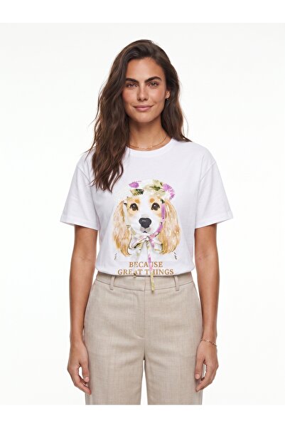 ONLOOX White Flexible Textured Crew Neck Basic Cut Dog Print T-Shirt with Seq...