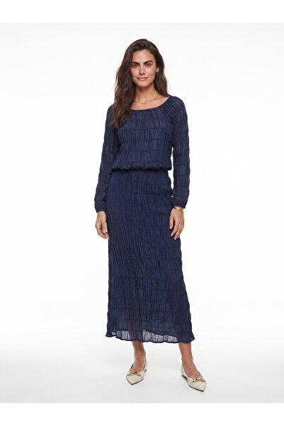 ONLOOX Navy Blue Cotton Wrinkled Textured Long Sleeve Skirt and Blouse Set wi...