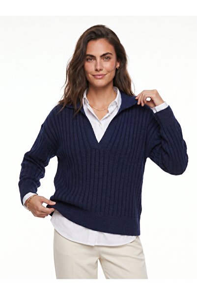 ONLOOX Navy Blue Acrylic Fabric Polo Collar Ribbed Knit Standard Size Long Sl...