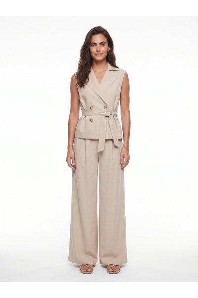 ONLOOX Beige Modal Fabric Double-Breasted Collar High-Waist Palazzo Trousers ...