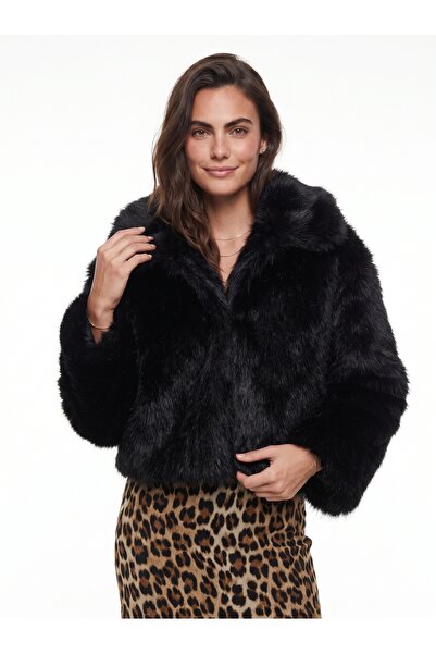 ONLOOX Black Polyester Fabric Wide Collar Faux Fur Lined Short Zipper Coat
