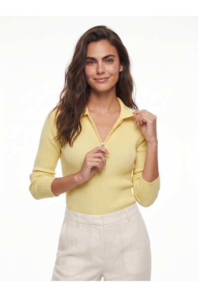 ONLOOX Butter Cotton Flexible Ribbed Textured Polo Collar Long Sleeve Zipper ...