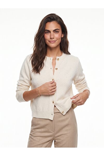 ONLOOX Cream Knitwear Crew Neck Regular Fit Pullover Detailed Gilded Buttoned...