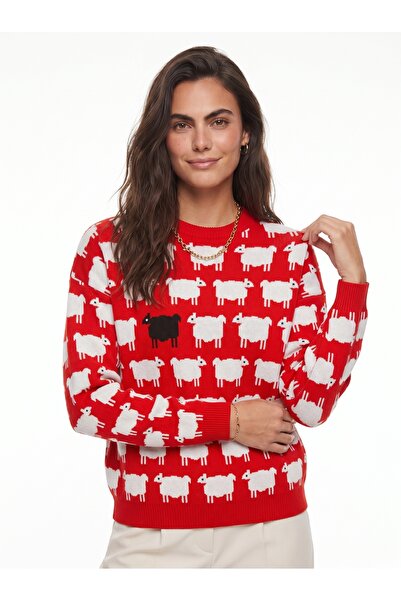 ONLOOX Red and White Acrylic Fabric Crew Neck Standard Fit Sheep Pattern Knit...