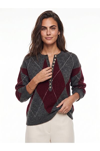 ONLOOX Anthracite Claret Red Knitwear Stretchy Textured Basic Form Sweater wi...