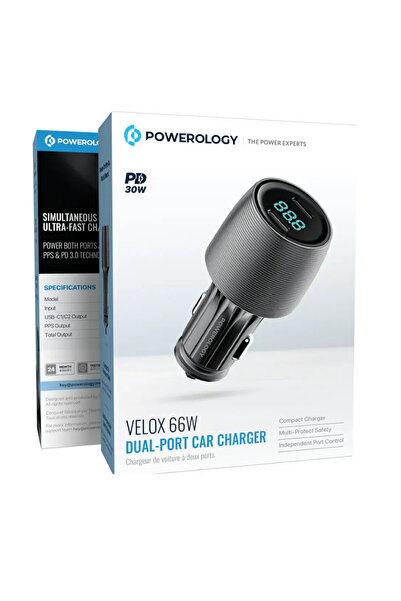 Powerology شاحن سيارة فيلوكس 66 واط بمنفذين أسود اللون