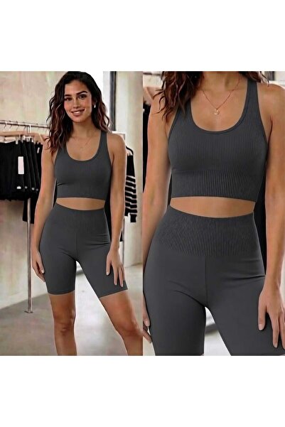Mercan Kids Women's Ribbed High Waist Crop & Shorts Set (Set of 2)