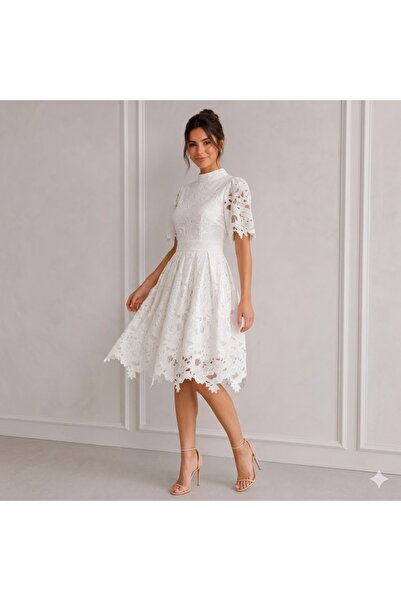 Aska Butik Beyaz Güpür Elbise