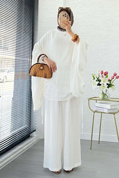 MELEK ARAZ Premium Linen Trouser Set with Gathered Side Sleeves - White