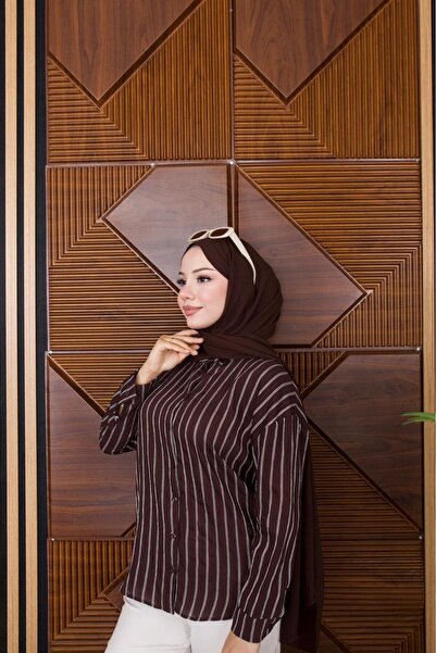 FRESH FASHION قميص، قماش أندورا مخطط، قماش كتان صيفي، طويل من الخلف