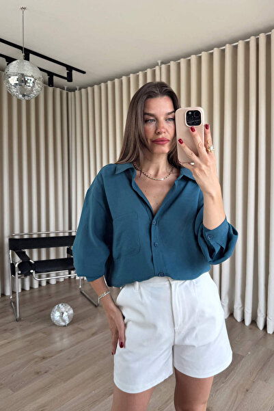 Sue Store Petrol Mavisi Oversize Modal Kumaş Gömlek