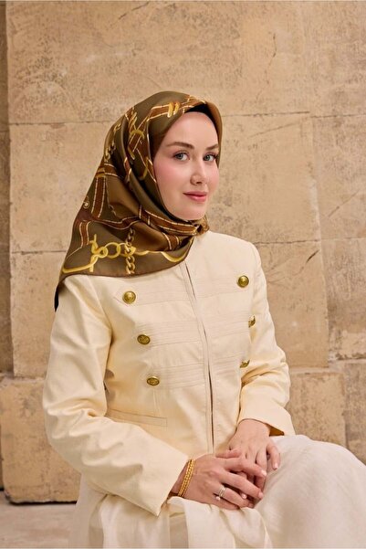Silk Home Tivil Silk Scarf 11533 - 07 Khaki - Gold Chain Pattern