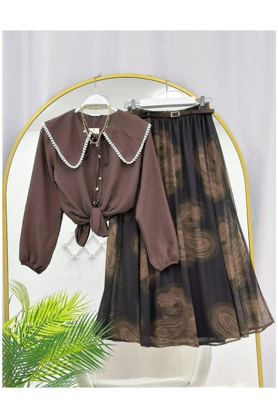 MODA MT طقم قميص نسائي بتفاصيل تنورة من التول (مع بطانة تنورة)