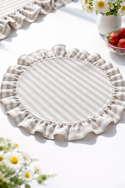 Mirilliahome Set de 6 farfurii americane cu volane din in, bej, cu dungi, rot...