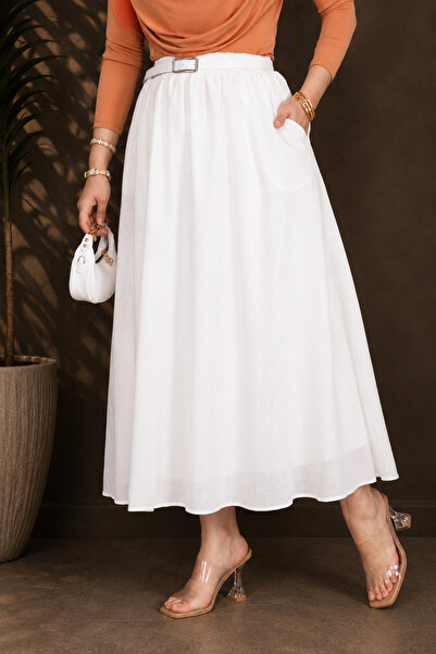 ASTEMİA Women's Belted Pocketed Maxi Length Summer Skirt Sb0042